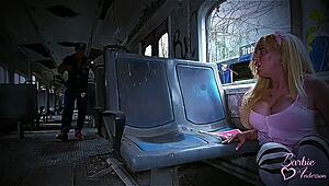 WOW! Muscular Cop Nails Stunning Blonde Schoolgirl Tranny Barbie Anderson on Train