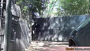 Young and straight Latin guy is forced to satisfy five masked men outdoors