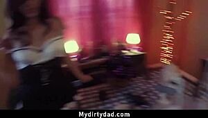 Seduced and bent over by masked step daughter for hard fucking.