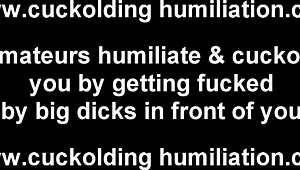 The hung stud humiliates the old husband while making the wife cum hard in femdom bdsm.