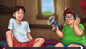 in summertime saga part 38, kitchen fucking with big tits and cucumber gets wild.