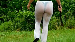 candid camping trip with housewife flashing thong bodysuit in wild spreading