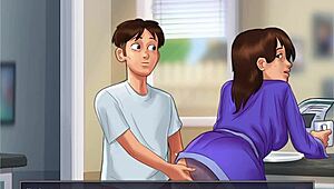 in summertime saga part 38, kitchen fucking with big tits and cucumber gets wild.