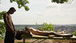 European twink enjoys outdoor massage from masseur
