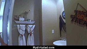 Seduced and bent over by masked step daughter for hard fucking.