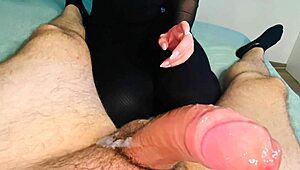 Mom's Friend in Stockings Sucks Cock for Cumshot in Mouth