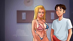 in summertime saga part 38, kitchen fucking with big tits and cucumber gets wild.