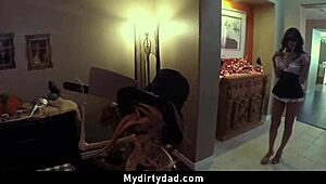 Seduced and bent over by masked step daughter for hard fucking.