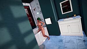 Cartoon porn with big-boobed woman in the bathroom