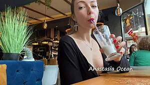 Girl in Public Cafe Flashes Natural Breasts Boldly