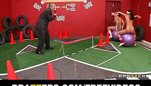 two competing brunettes share their coach's big cock in hardcore threesome, fingering and sucking tits 😈💦