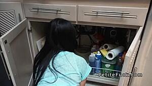 Petite Asian without panties gets BANGED hard in kitchen