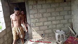 Two Street Guys Fuck Homeless Girl in Unfinished Building.