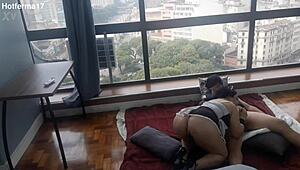 Hey, fucking that hot maid's big ass bareback in the window for everyone to watch! 😏