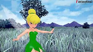 tinker bell cosplay in forest, opportunity taken while another fairy watches peter pan short.