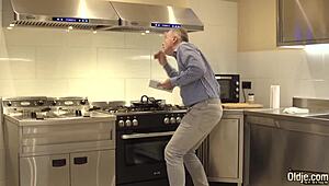 Blonde fucks old bald guy with blowjob and orgasm