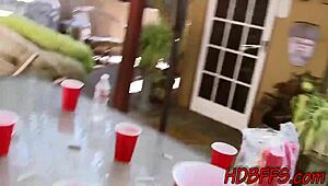 at the outdoor party, teen girls eat pussy in a group threesome