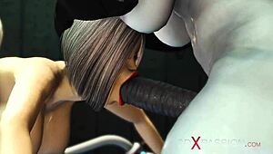 feeling the thrill as the sexy young cuffed blonde gets fucked by shemale cyborg in the sci-fi lab