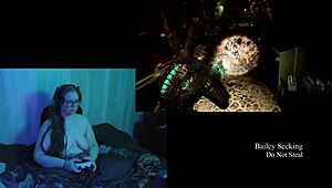 Naked brunette plays dead space part 5 with big natural tits on display.