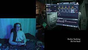 Naked brunette plays dead space part 5 with big natural tits on display.