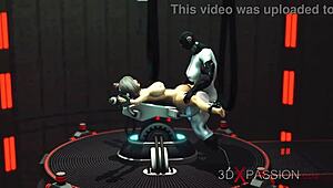 feeling the thrill as the sexy young cuffed blonde gets fucked by shemale cyborg in the sci-fi lab