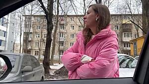 Street pickup milf gives steamy car blowjob with cum in mouth finish