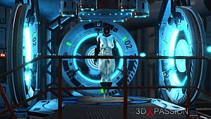 feeling the thrill as the sexy young cuffed blonde gets fucked by shemale cyborg in the sci-fi lab