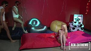 Big boobed bimbo Cindy Behr gets four cock facial cum bath.