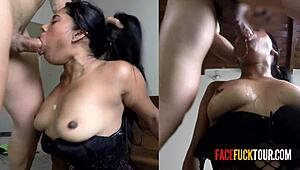 Amateur Brunette Endures Rough Extreme Deep Throat Fucking and Facial Cumshot