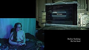 Naked brunette plays dead space part 5 with big natural tits on display.