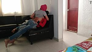 My stepsister milks me in the living room with a mask on