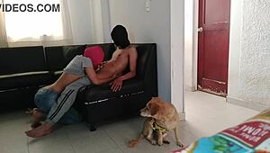 My stepsister milks me in the living room with a mask on