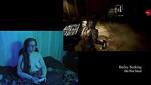 Naked brunette plays dead space part 5 with big natural tits on display.