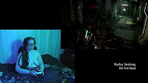 Naked brunette plays dead space part 5 with big natural tits on display.