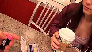 Brunette teen meets photographer at coffee shop for a wild fuck