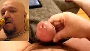 A bald gay man masturbates and ejaculates on his couch