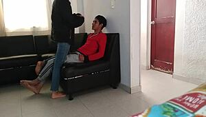 My stepsister milks me in the living room with a mask on