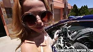 Sexy teen washes a sportscar with teasing vibes
