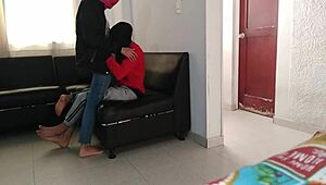 My stepsister milks me in the living room with a mask on