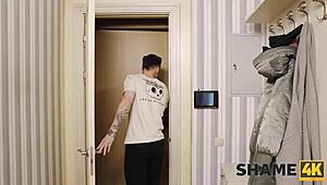 Alluring redhead stunner dives into fun with young neighbor in kitchen