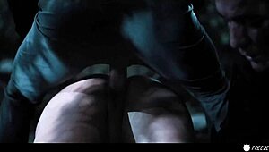 Busty chick frozen in time gets drilled by three guys in forest