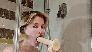 bitch fucks herself in shower with dildo 😈