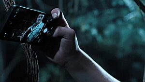 Busty chick frozen in time gets drilled by three guys in forest