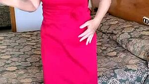 Hot milf teases huge tits and shaved pussy in red stockings