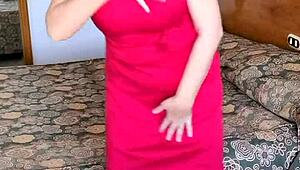 Hot milf teases huge tits and shaved pussy in red stockings