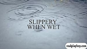 Two luscious babes engage in fucking a blue dildo with fingering and oral.