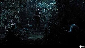 Busty chick frozen in time gets drilled by three guys in forest