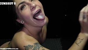 Thalia’s nipples harden as she takes a massive cock. Her mouth fills with cum during a wild blowjob.