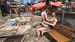 I explore fallout 4 diamond city in a public outdoor fuck with brunette