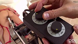 Robotic dildo machine dominates tracy lindsay and blanche bradburry in bondage with heels and toys.